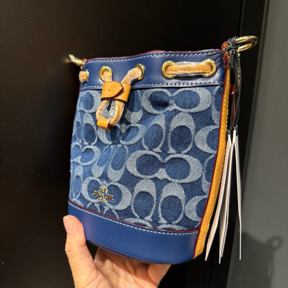 Coach Blue Denim Signature Drawstring Crossbody Bag with Tan Trim - Picture 2 of 12